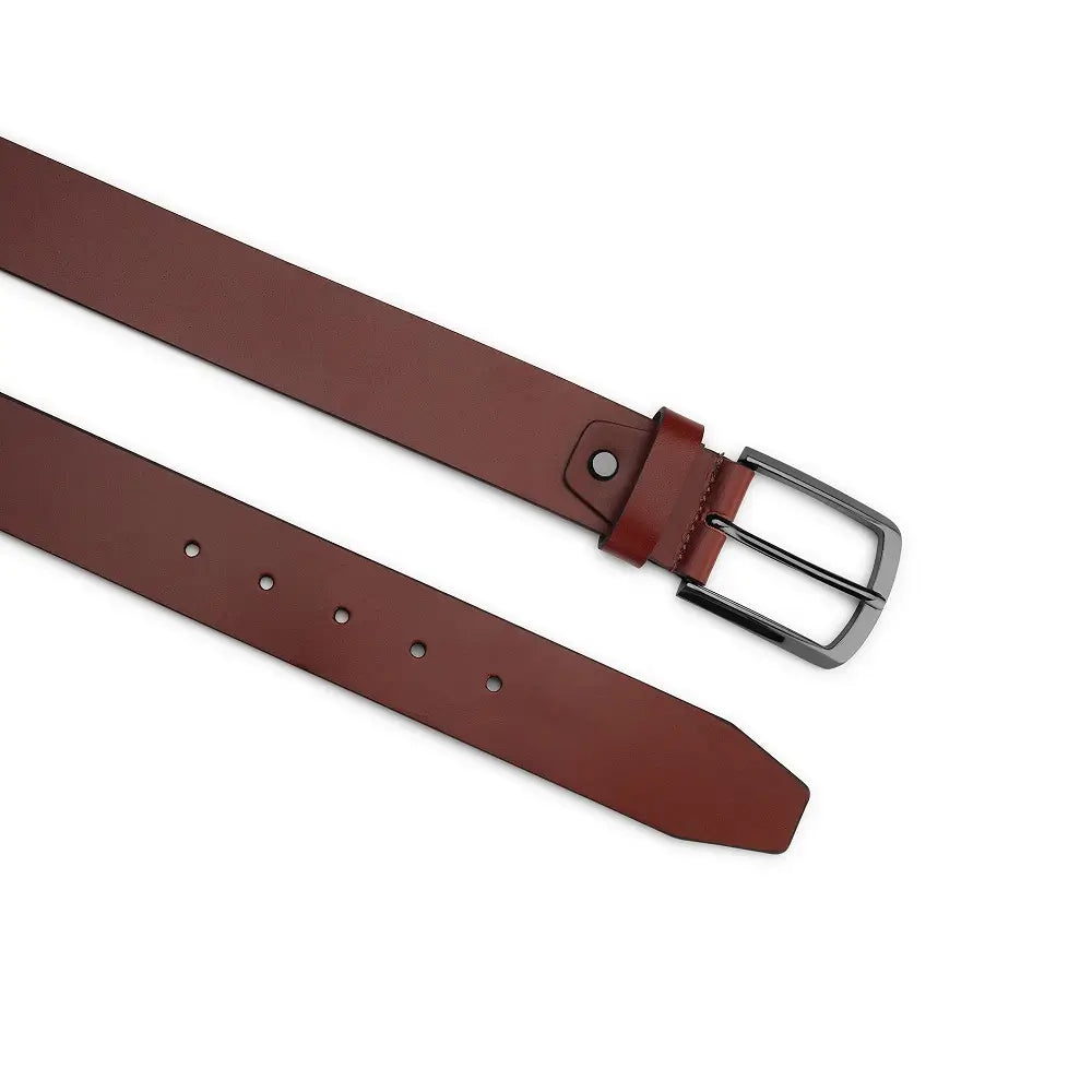 Cognac  leather belt with a silver buckle on a white background