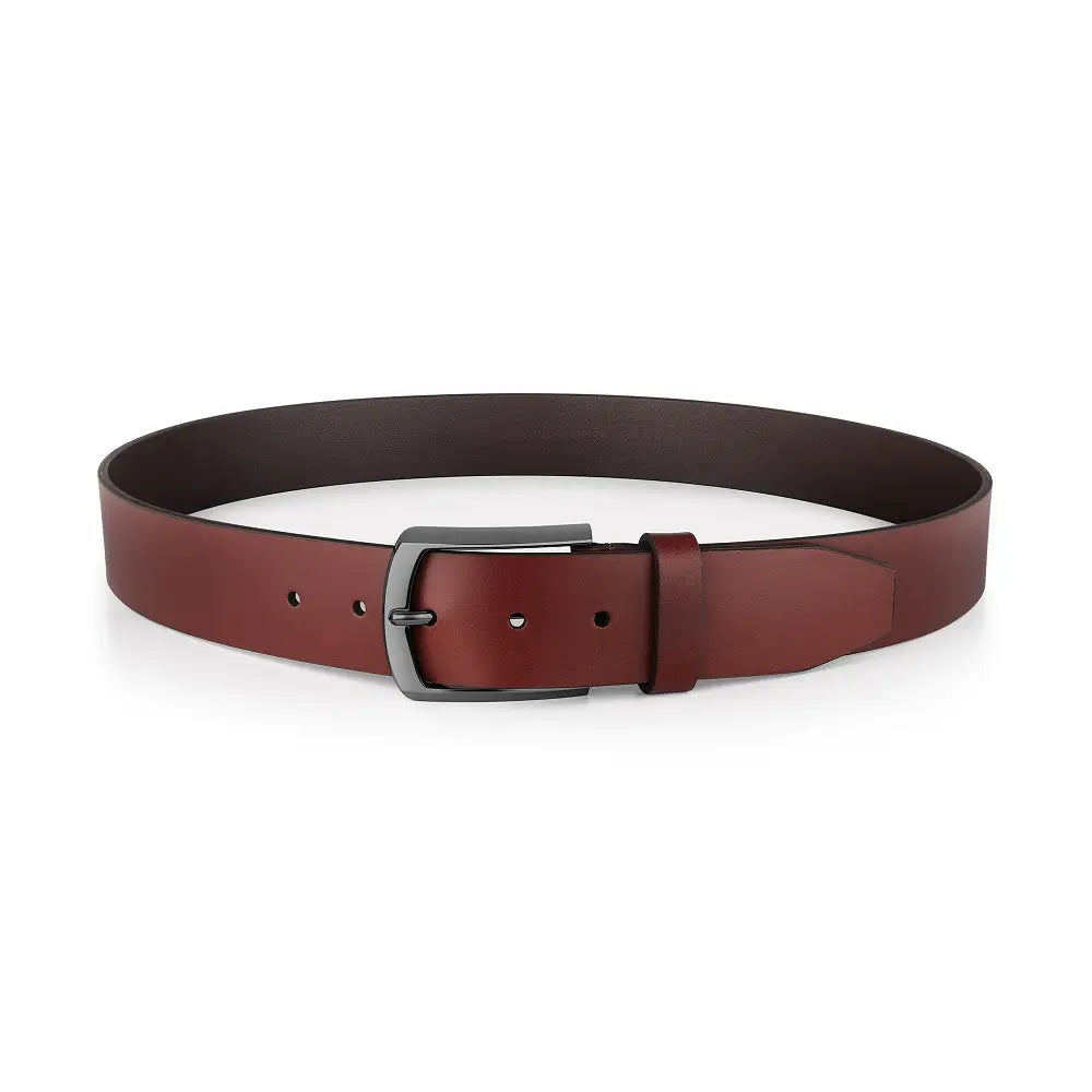 Cognac  leather belt with a silver buckle on a white background