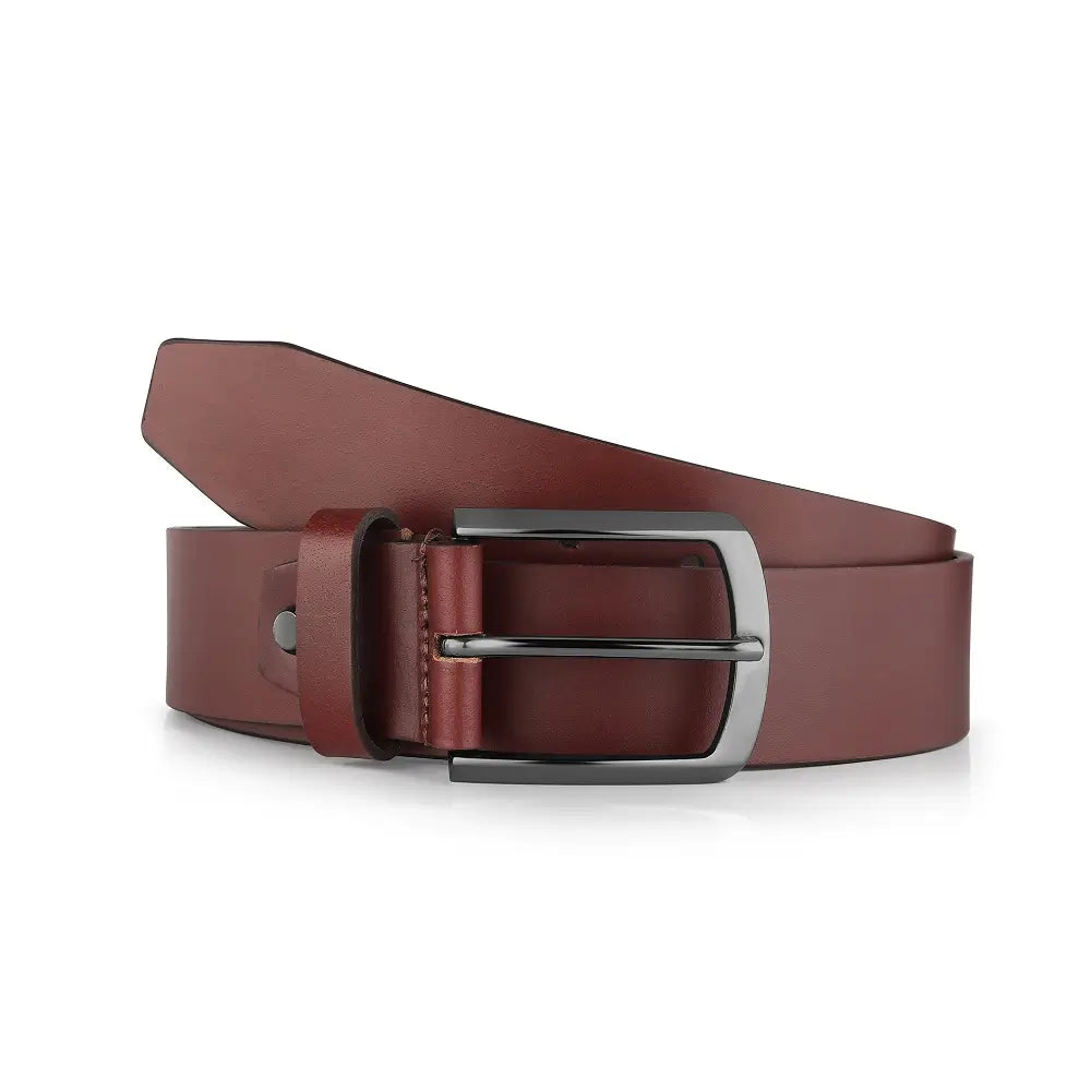 Cognac  leather belt with a silver buckle on a white background