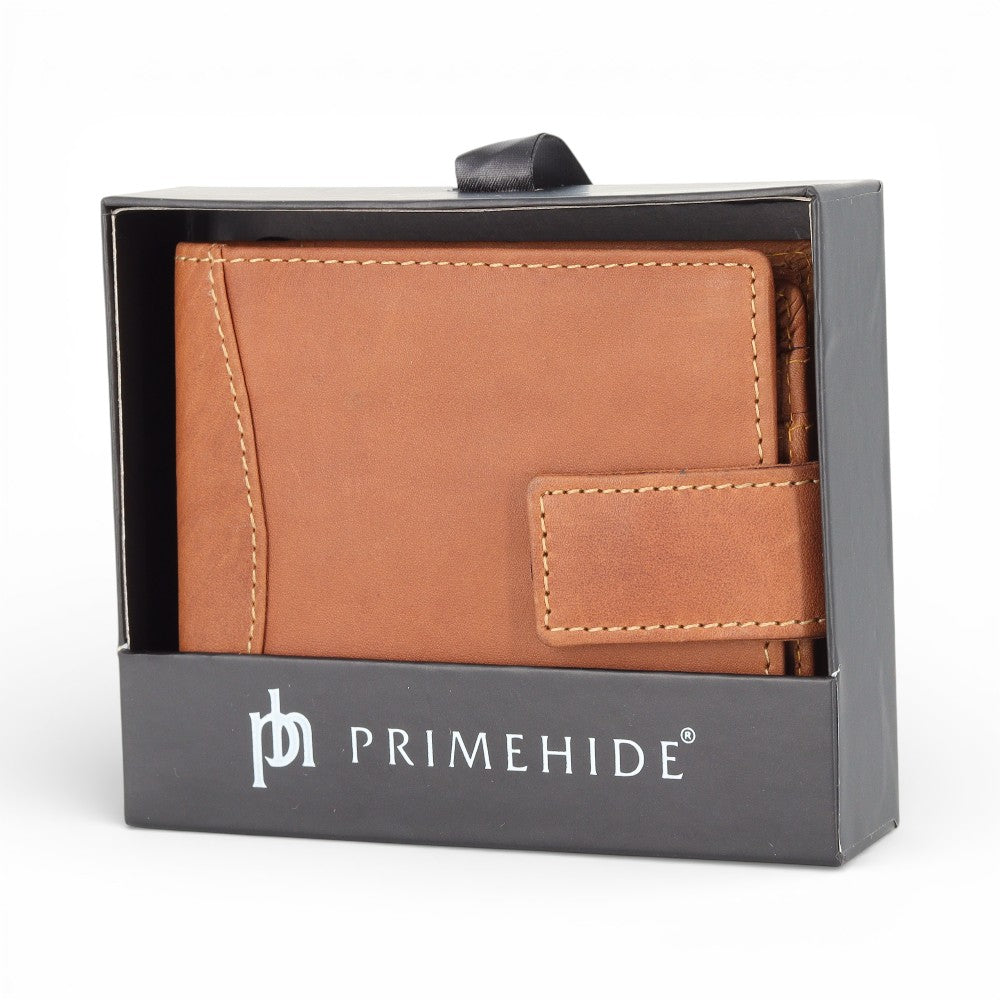 Cognac leather wallet in a Primehide box on a white background