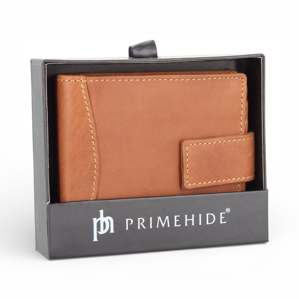 Cognac leather wallet in a Primehide packaging box on a white background