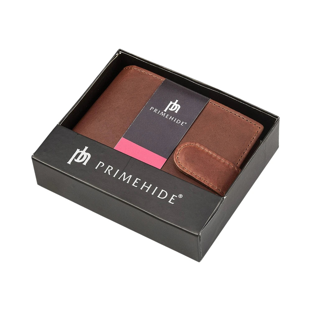 Brown leather wallet in a black Primehide box on a white background