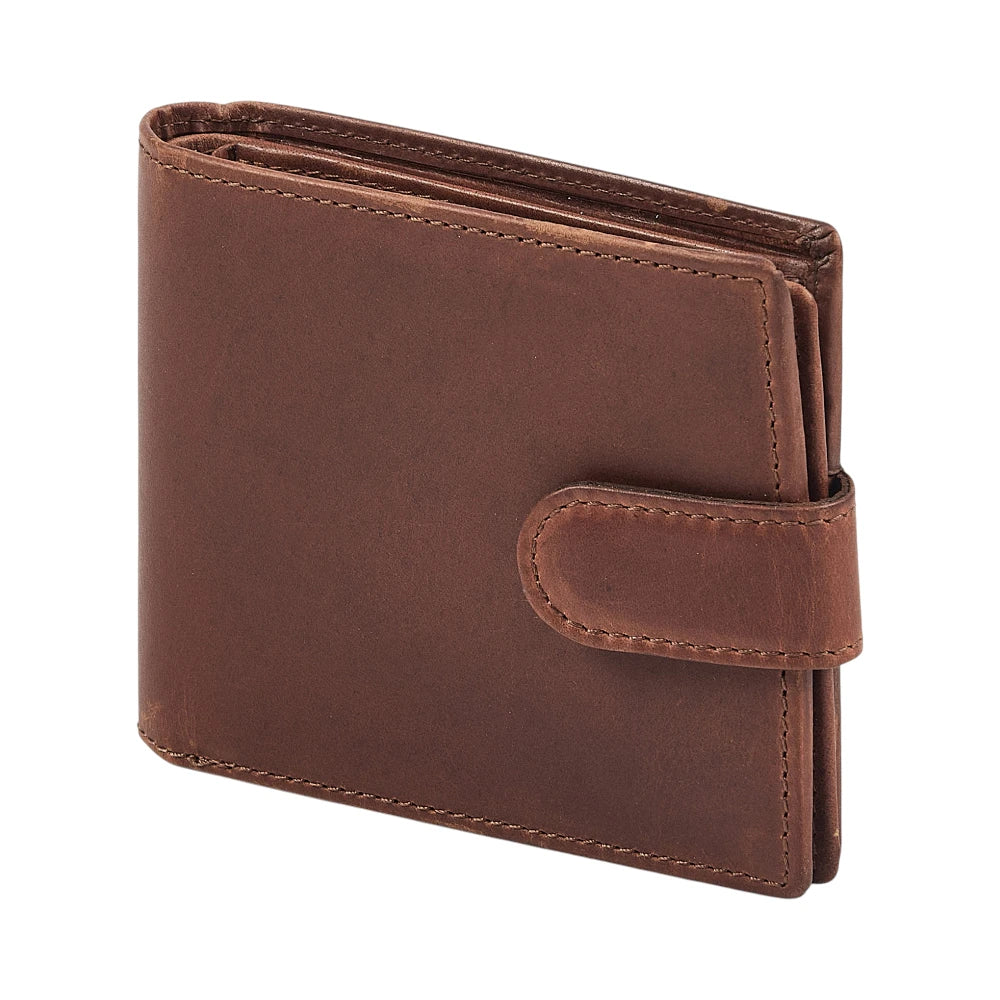 Side view of Cognac  leather wallet on a white background