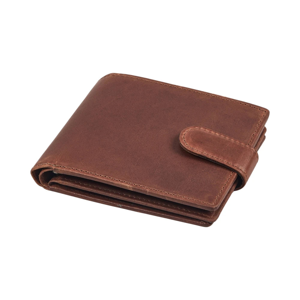Top view of Cognac leather wallet on a white background