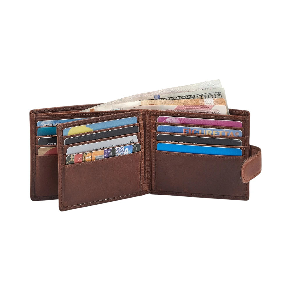 Cognac leather wallet with various cards and money on a white background