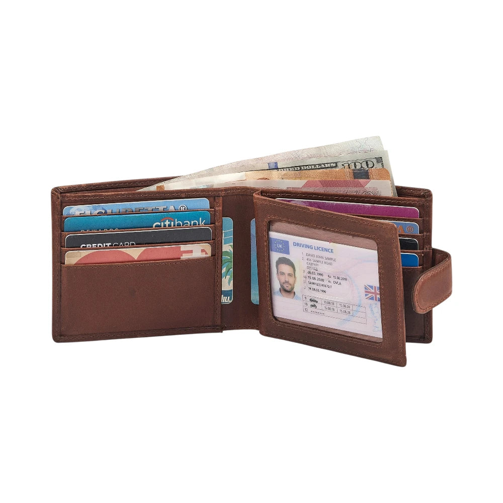 Cognac leather wallet with various cards and a passport on a white background