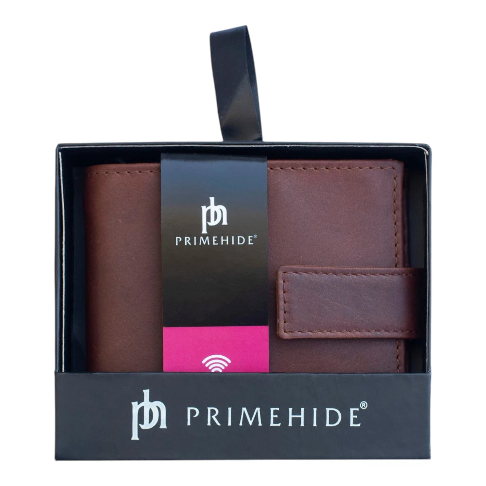 Cognac leather wallet in a Primehide box on a white background