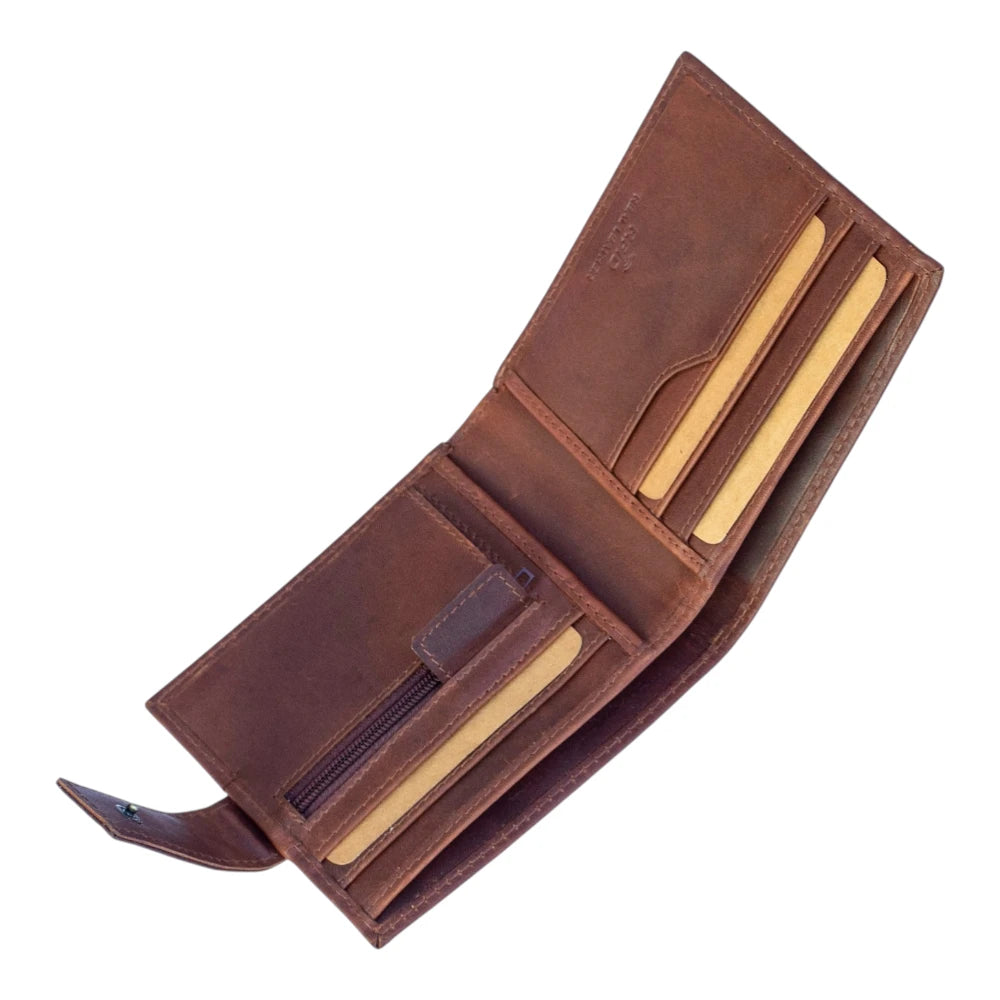 Cognac leather wallet with multiple card slots on a white background