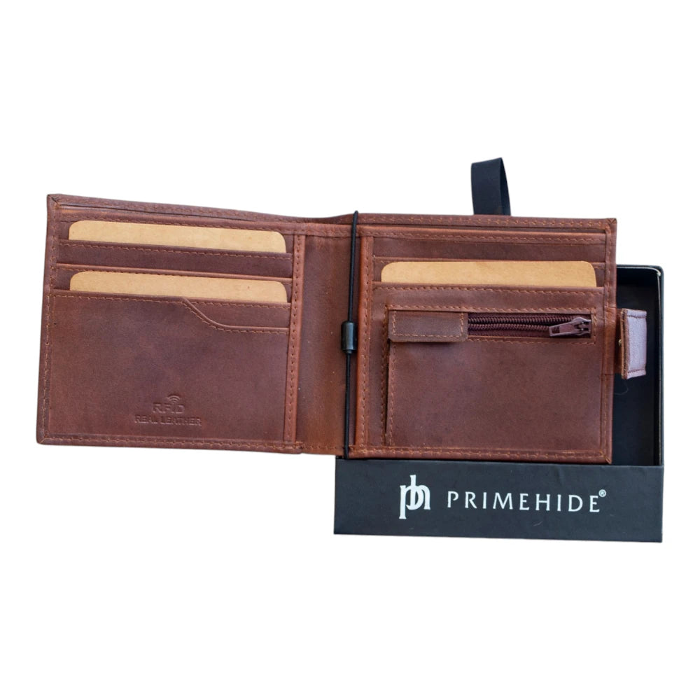 Cognac  leather wallet with visible Primehide branding on a white background