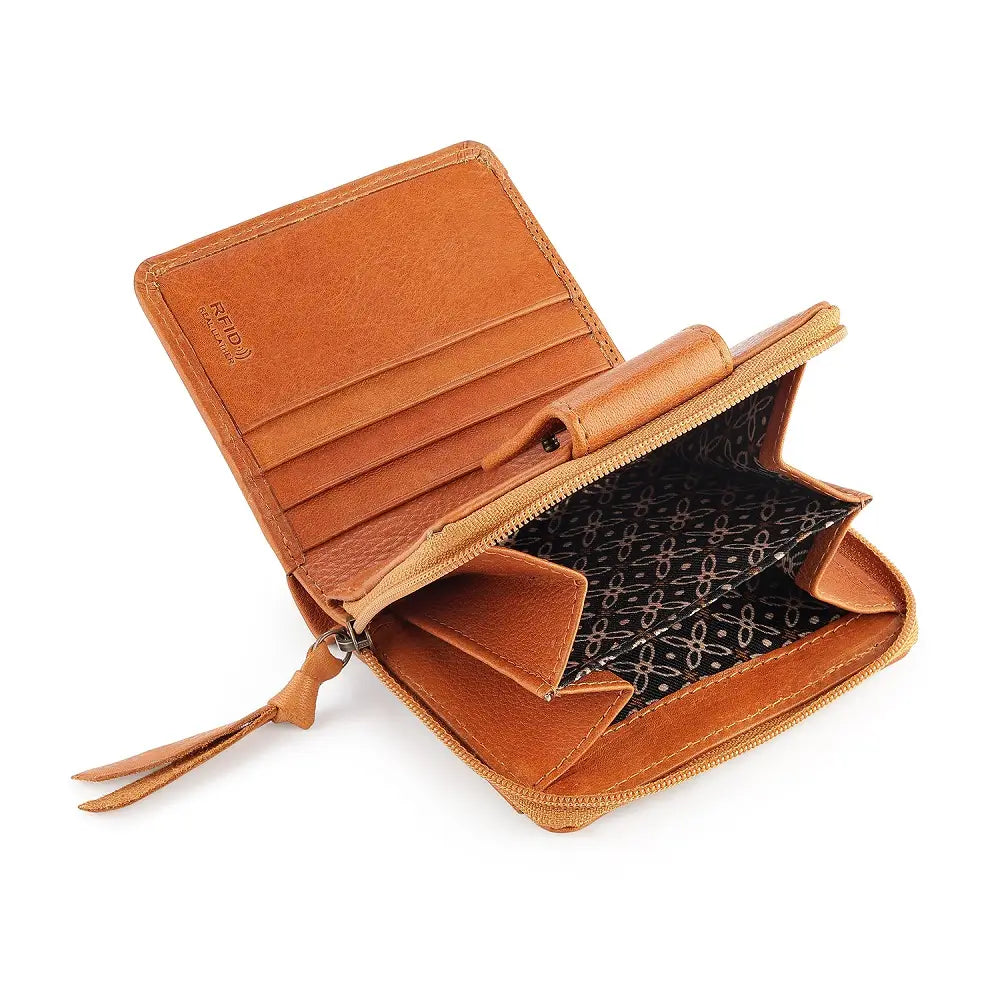Open cognac leather wallet with a white background