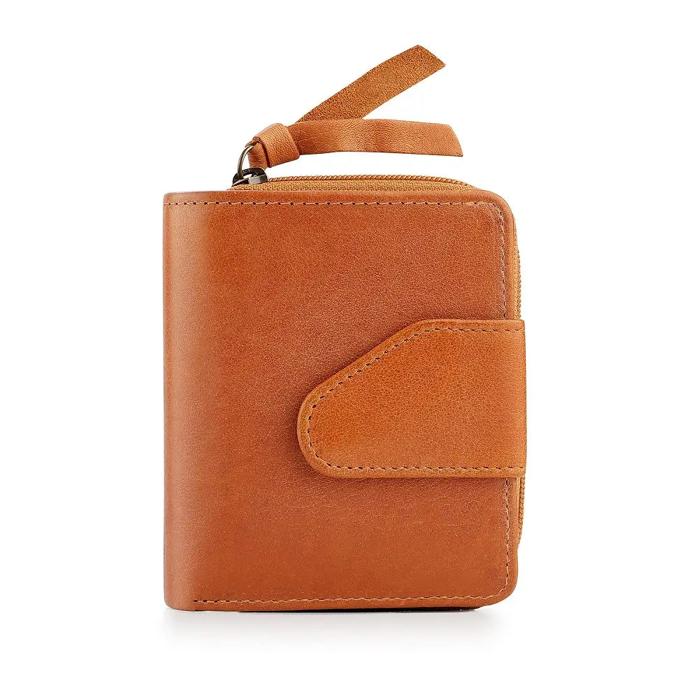 cognac leather wallet with a strap on a white background