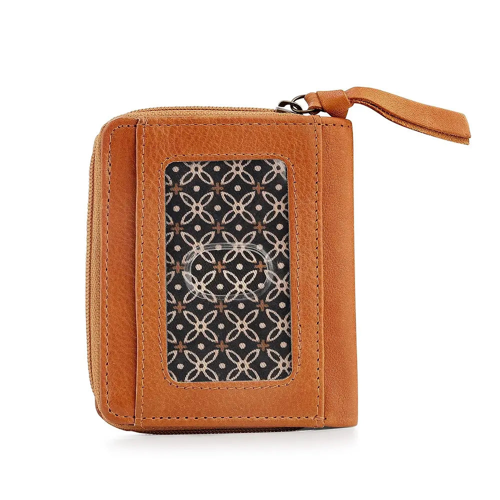 cognac wallet with a patterned flap on a white background