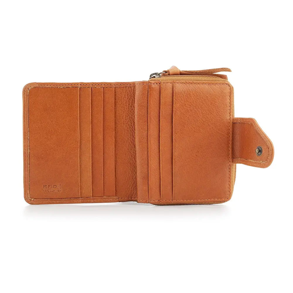 cognac leather wallet with multiple card slots on a white background