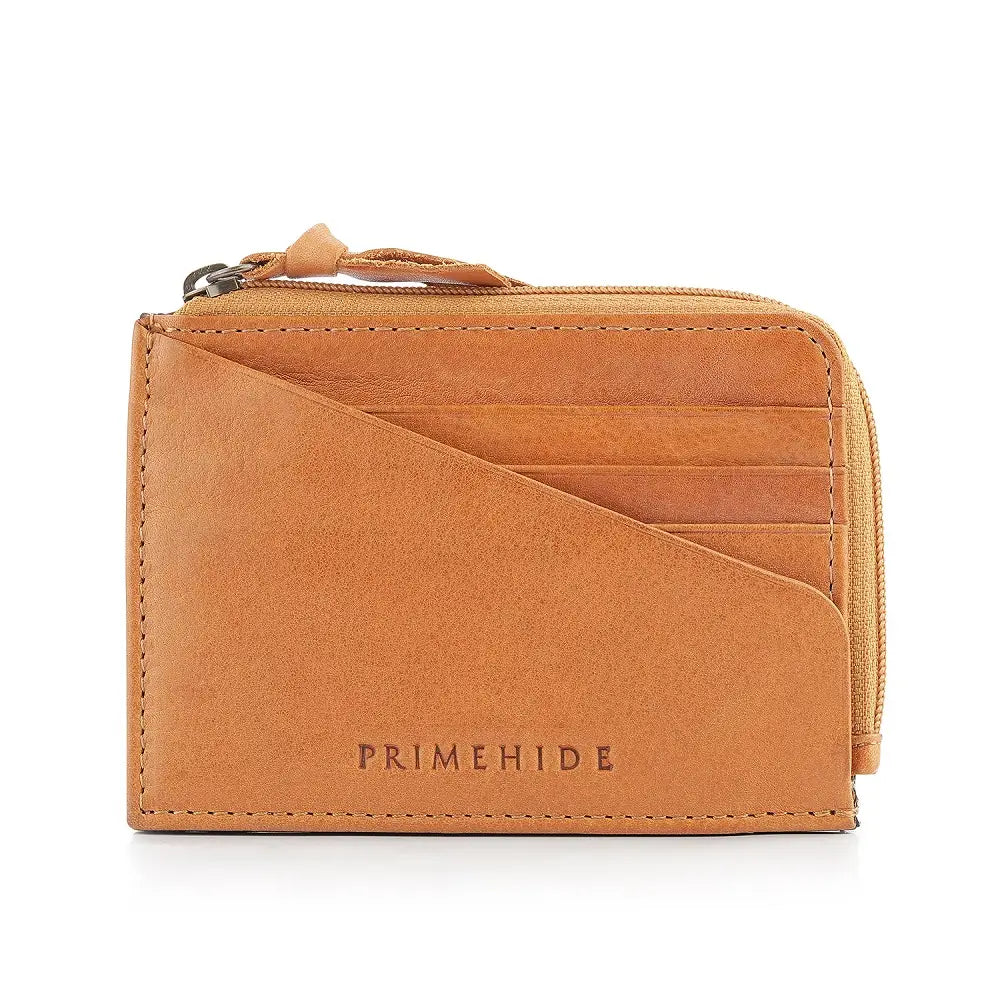 Cognac leather wallet with 'Primehide' branding on a white background