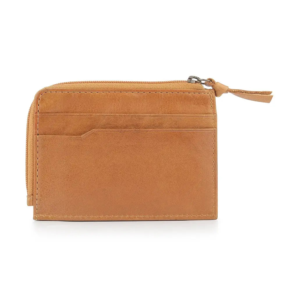 Cognac leather wallet with a zipper on a white background