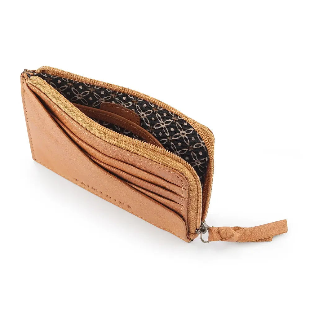 Cognac leather wallet with zipper on a white background
