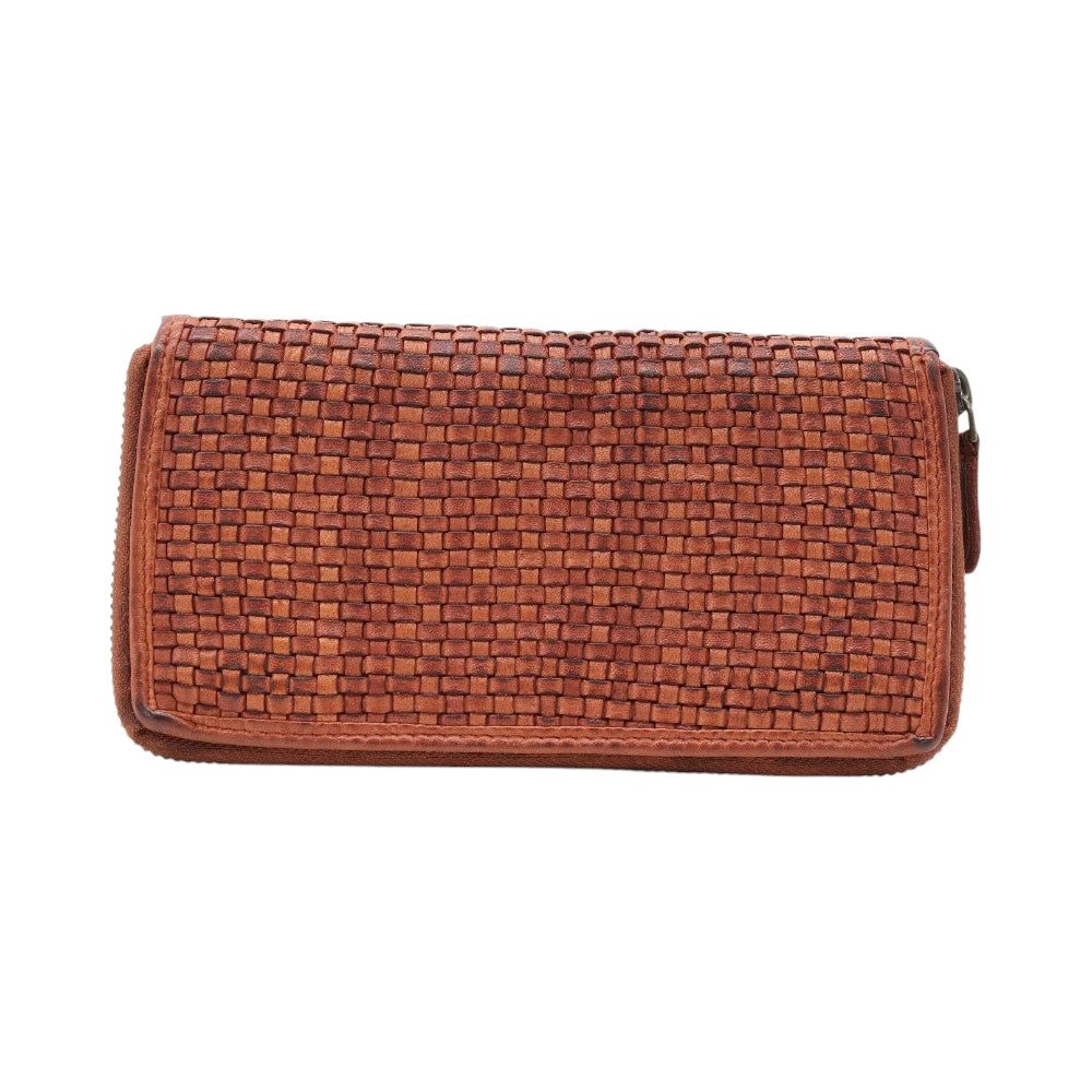 Cognac woven wallet on a white background