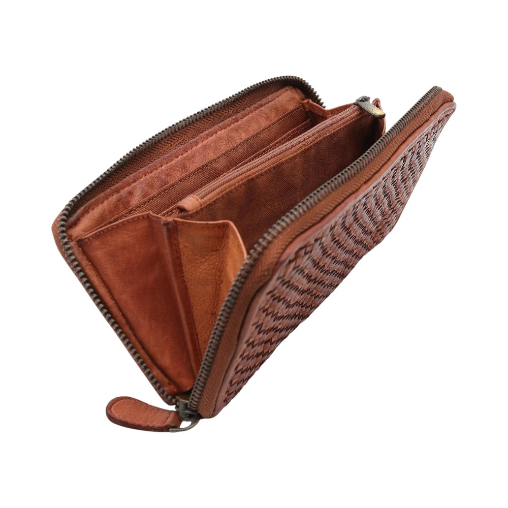 Cognac leather wallet with zipper on a white background