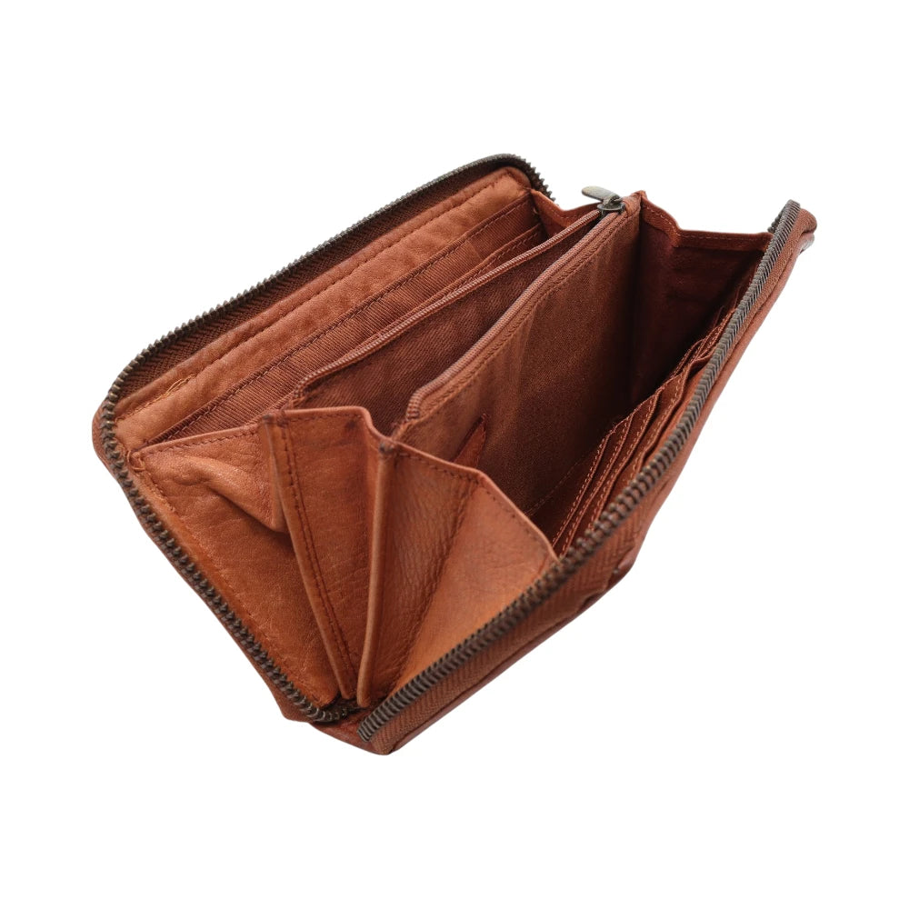 Cognac leather wallet with open compartments on a white background