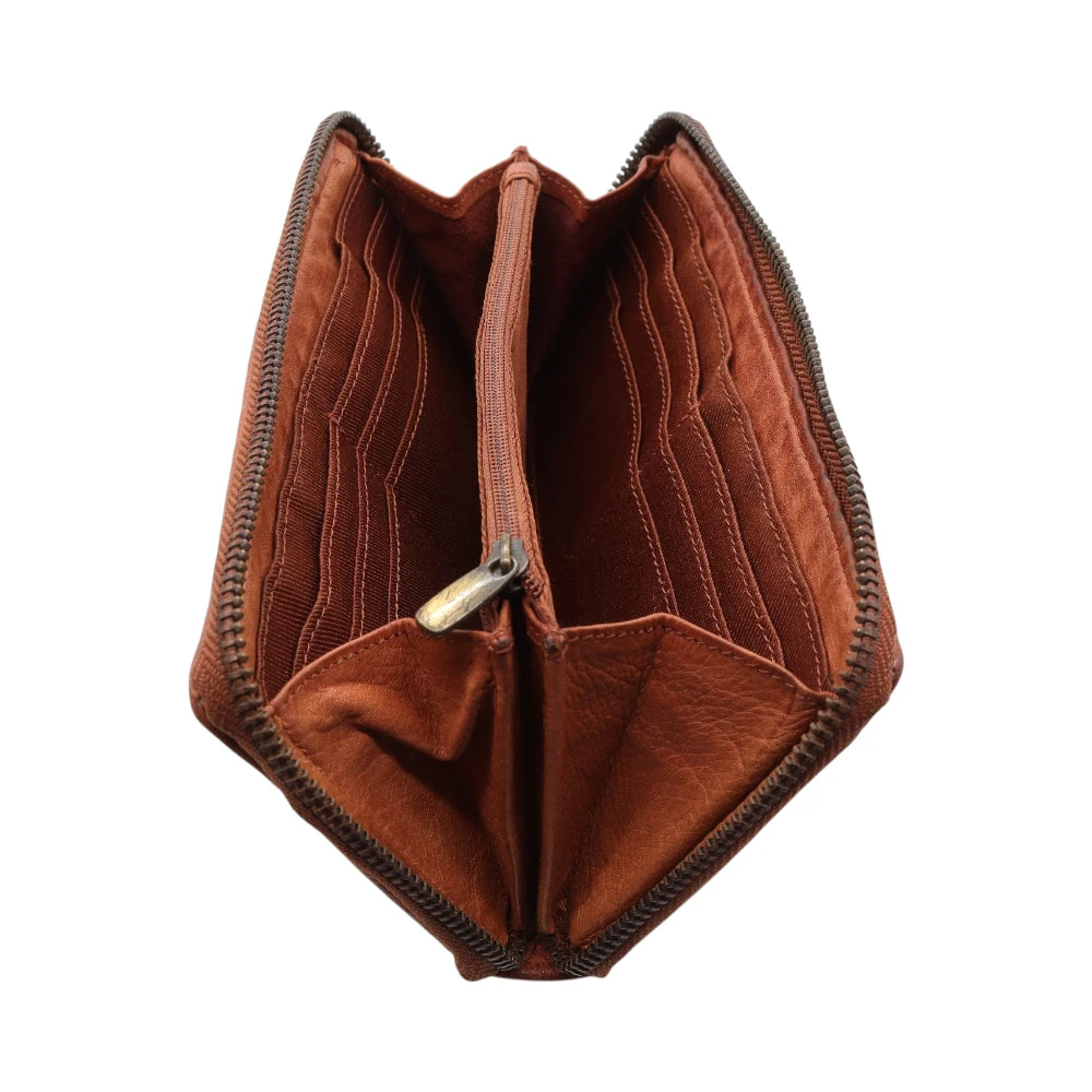 Cognac leather wallet with a zipper on a white background