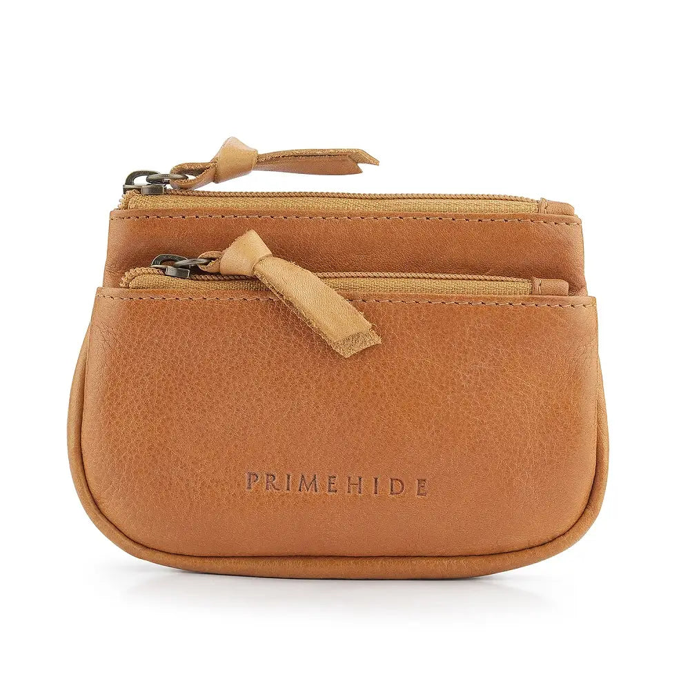 Front view of Cognac leather pouch with 'Primehide' branding on a white background
