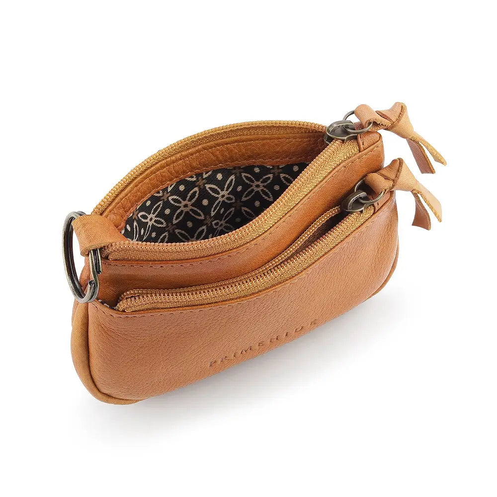 Open view of Cognac leather pouch with zipper on a white background