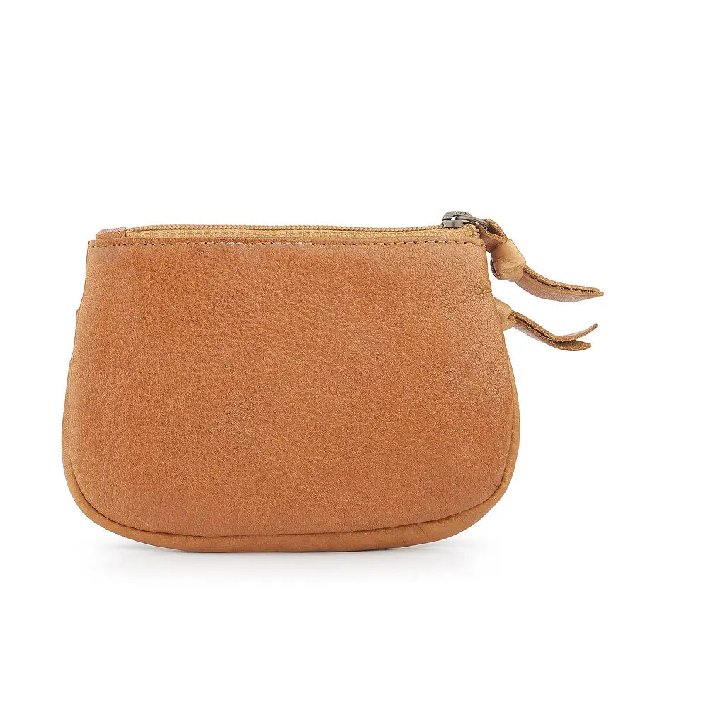 Back  view of Cognac leather pouch with a zipper on a white background