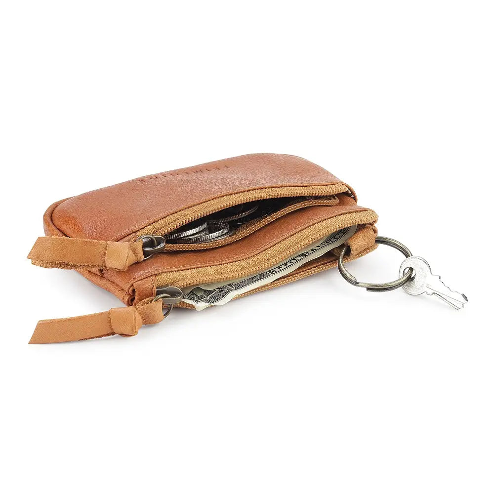 Cognac leather wallet with keychain on a white background