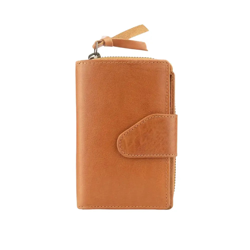 Front view of Cognac leather wallet with a strap on a white background