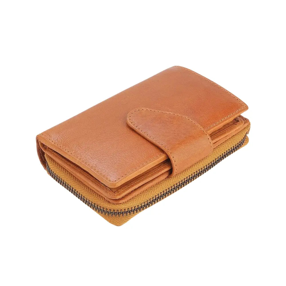 Top view of Cognac leather wallet with a zipper on a white background