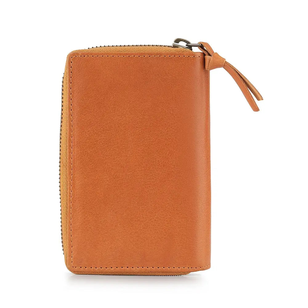 Back view of Cognac leather wallet with a zipper on a white background