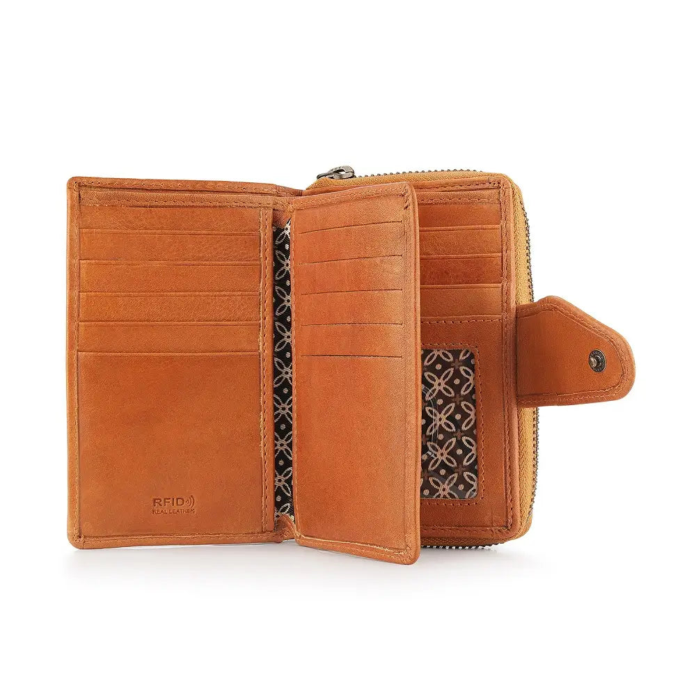Open view of Cognac leather wallet with open design on a white background