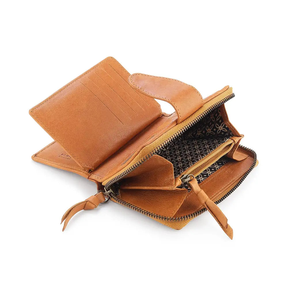 Inside view of Cognac leather wallet with a zipper on a white background