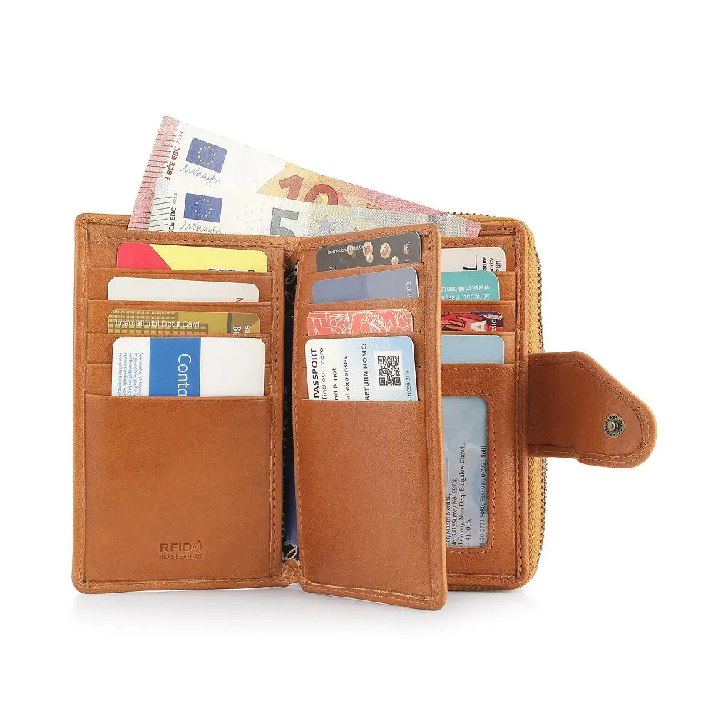 Organised view of Cognac leather wallet with various cards and money on a white background