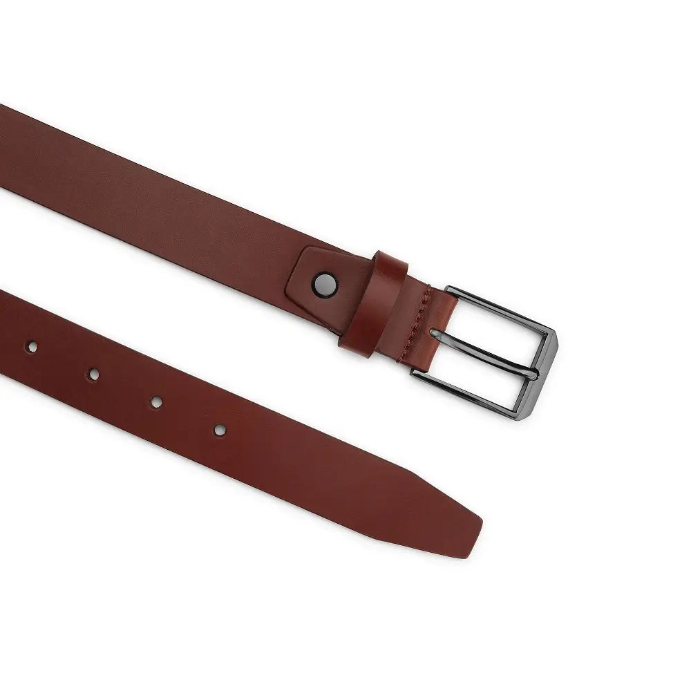 Cognac leather belt with a silver buckle on a white background