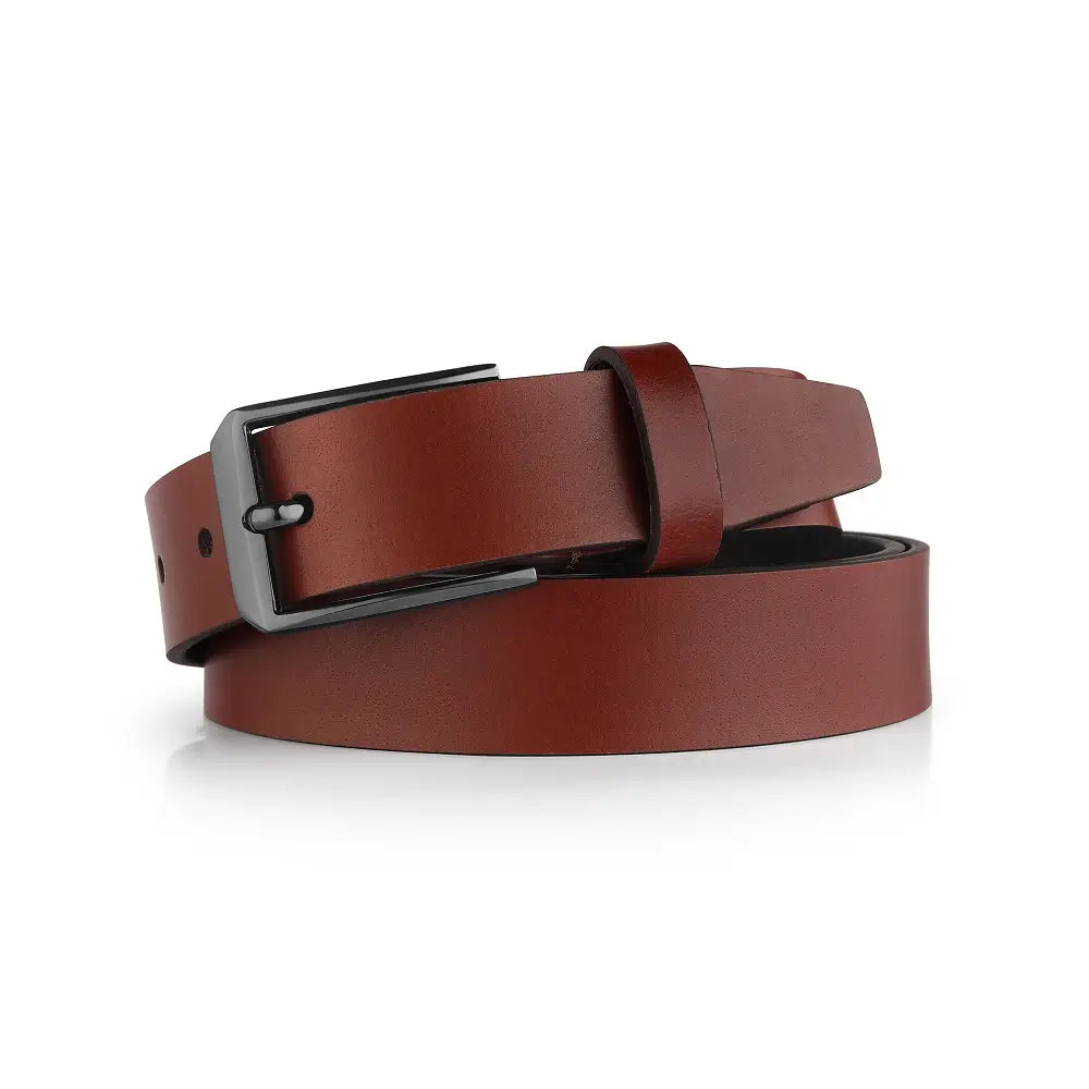 Cognac leather belt with a silver buckle on a white background
