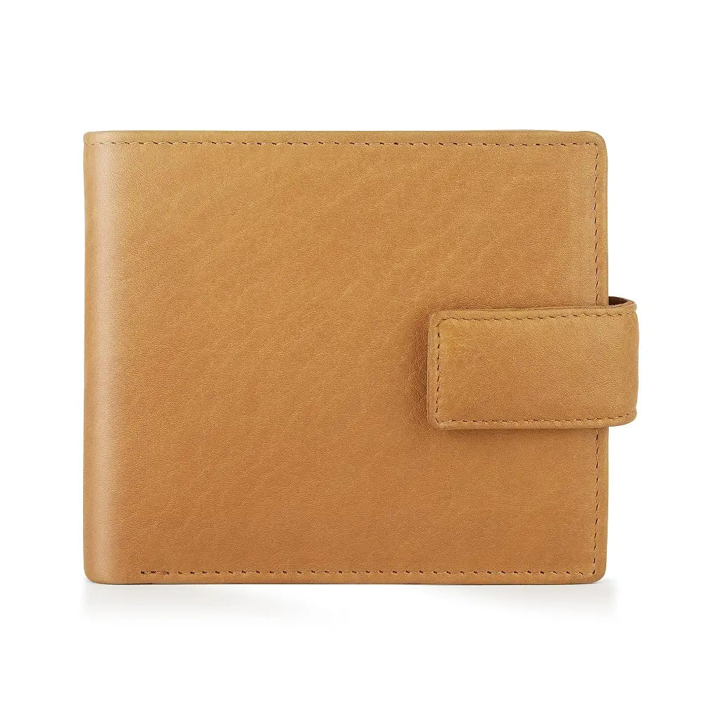 Front view of Cognac leather wallet on a white background