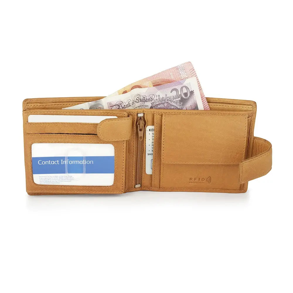 Open view of Cognac leather wallet with money and cards on a white background