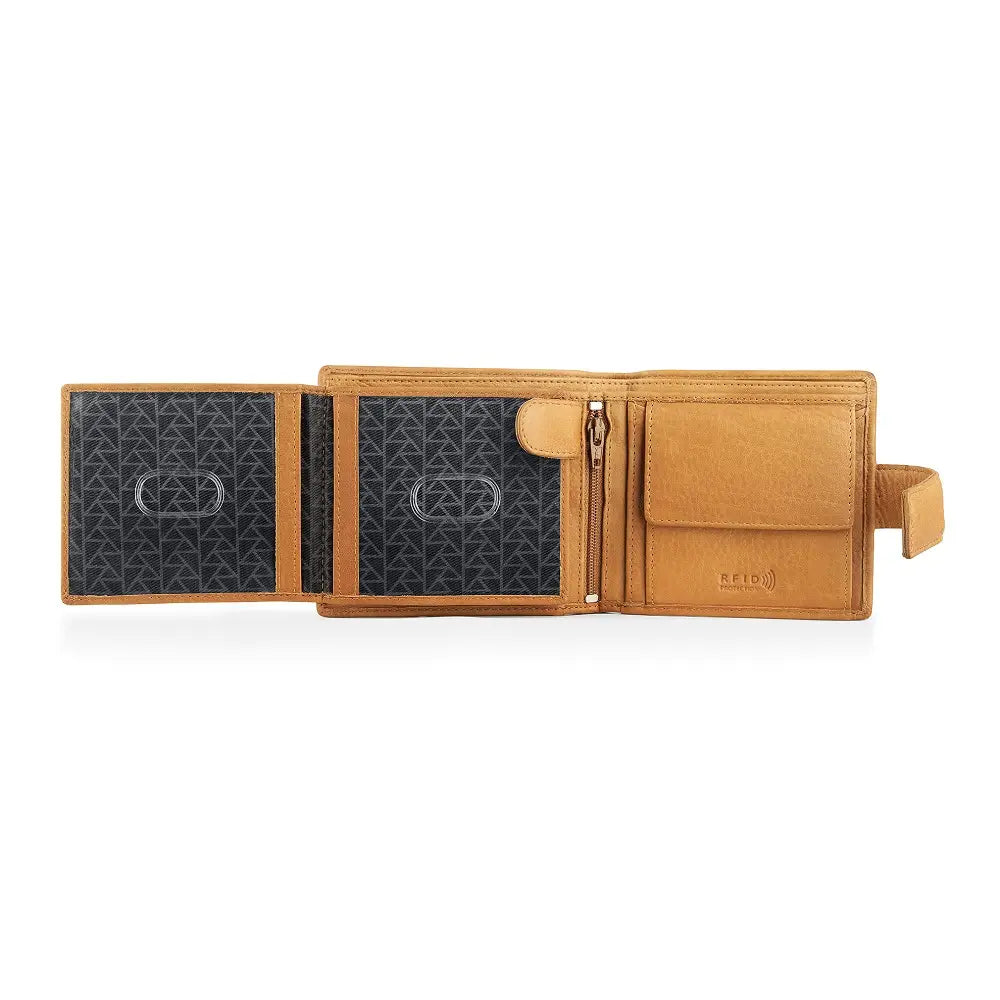 Inside view of Cognac leather wallet with card holders on a white background