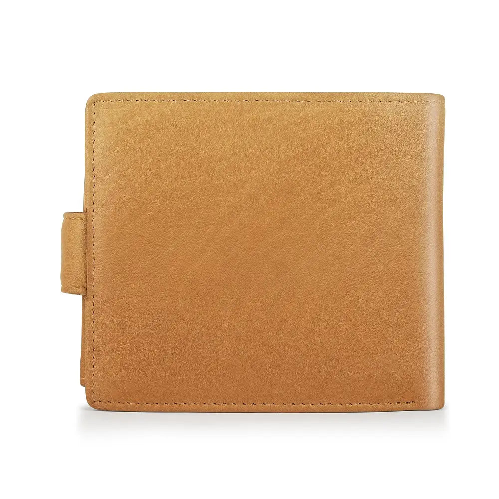Back view of Cognac leather wallet on a white background