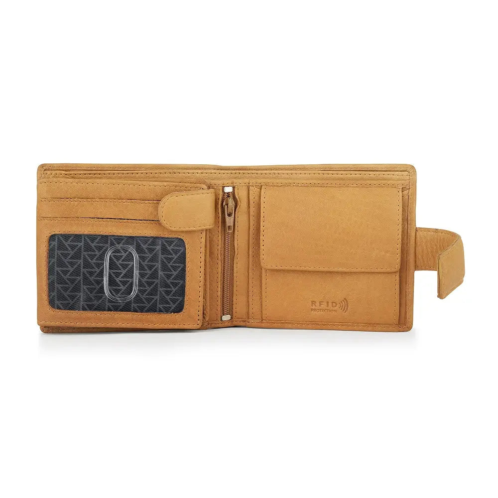 Cognac leather wallet with a zipper pocket on a white background