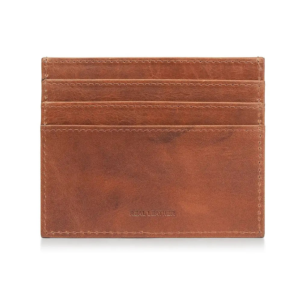 Cognac leather cardholder with 'Real Leather' branding on a white background
