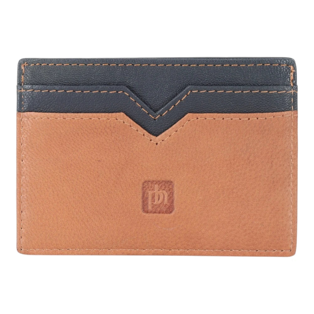 Front view of Two-tone leather wallet with cognac top section and black bottom section on a white background