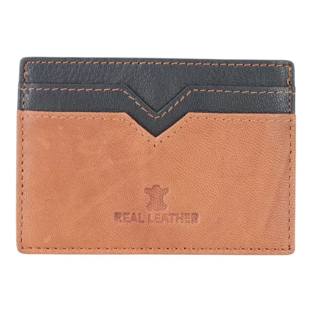 Two-tone leather cardholder with 'Real Leather' branding on a white background