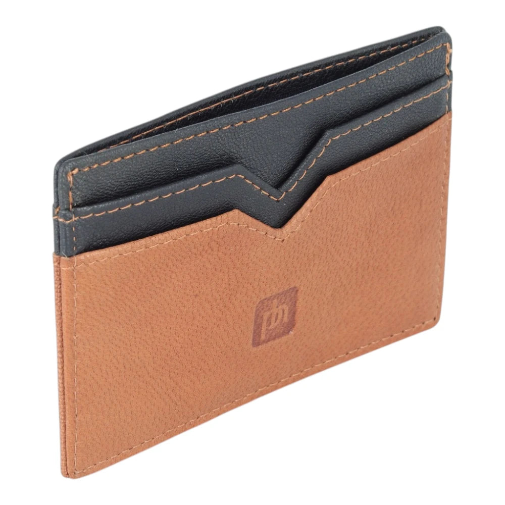 Two-tone leather wallet with a brand logo on a white background