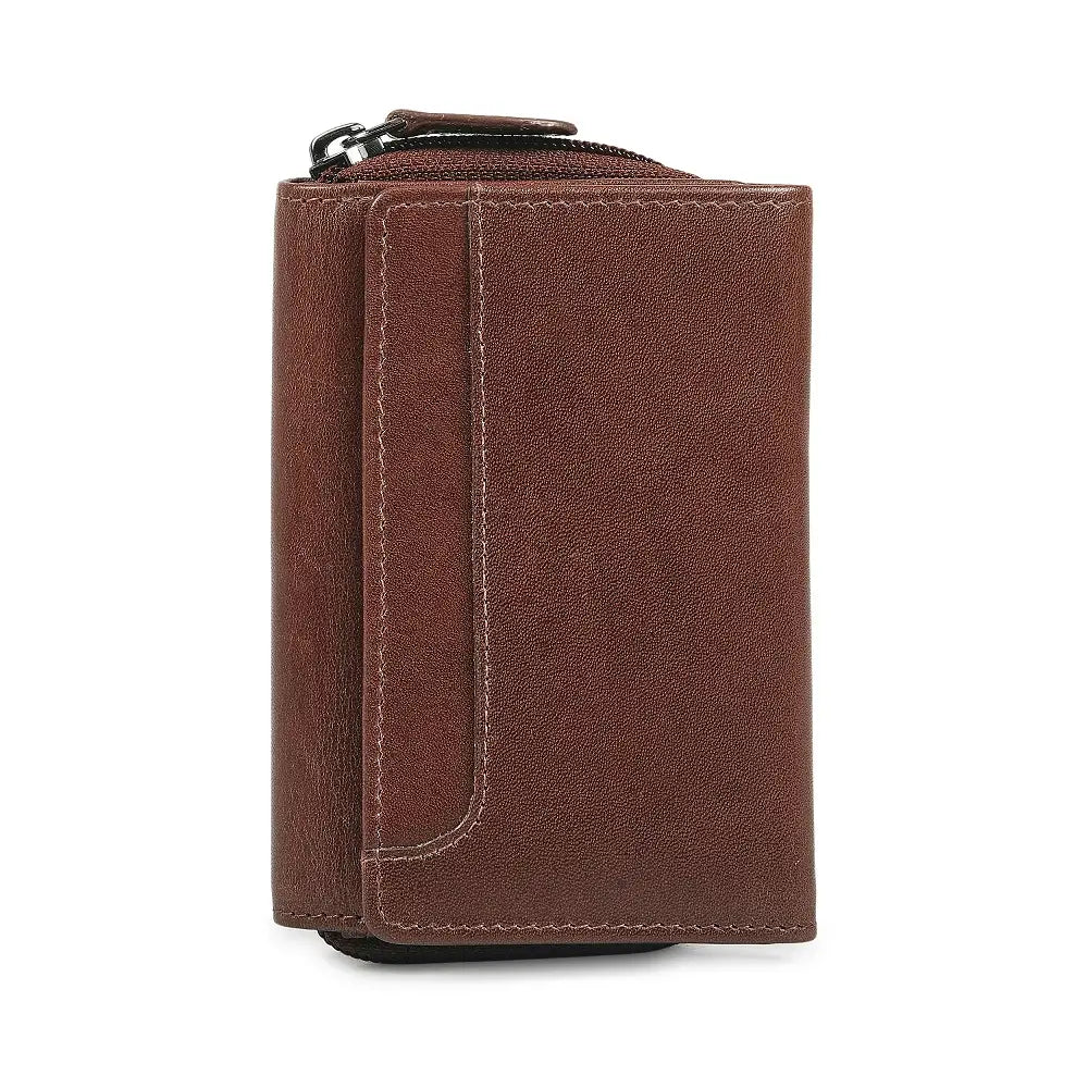 Cognac leather wallet with a zipper on a white background