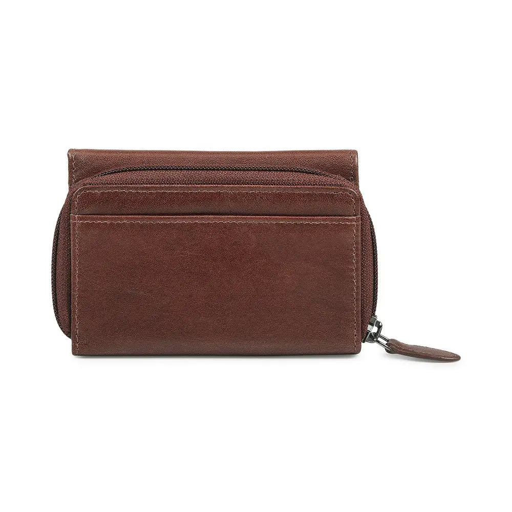 Cognac leather wallet with a zipper on a white background