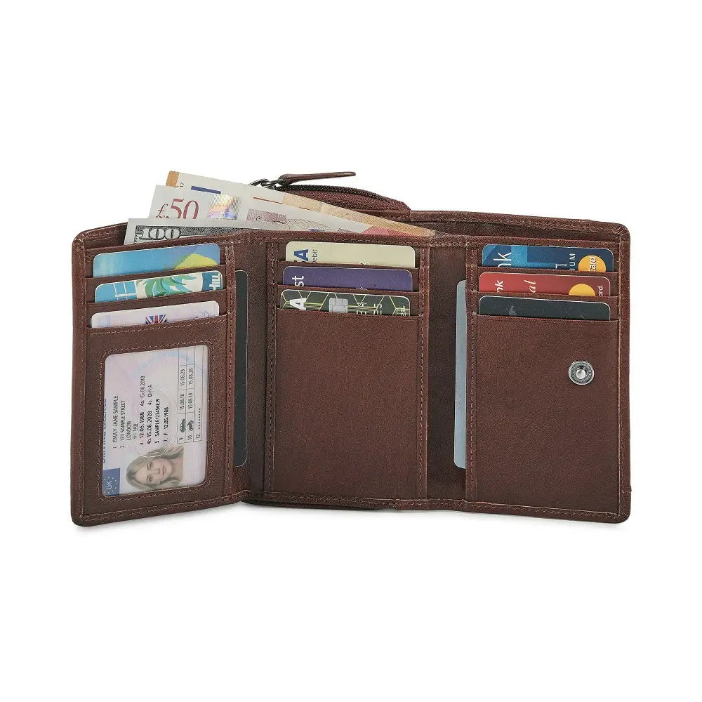 Cognac leather wallet with card slots and currency pockets on a white background
