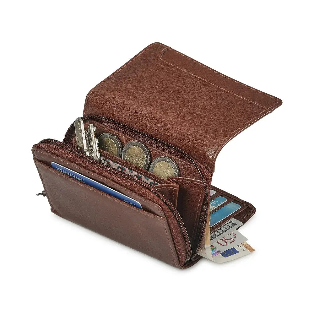 Cognac leather wallet with coins and cards on a white background
