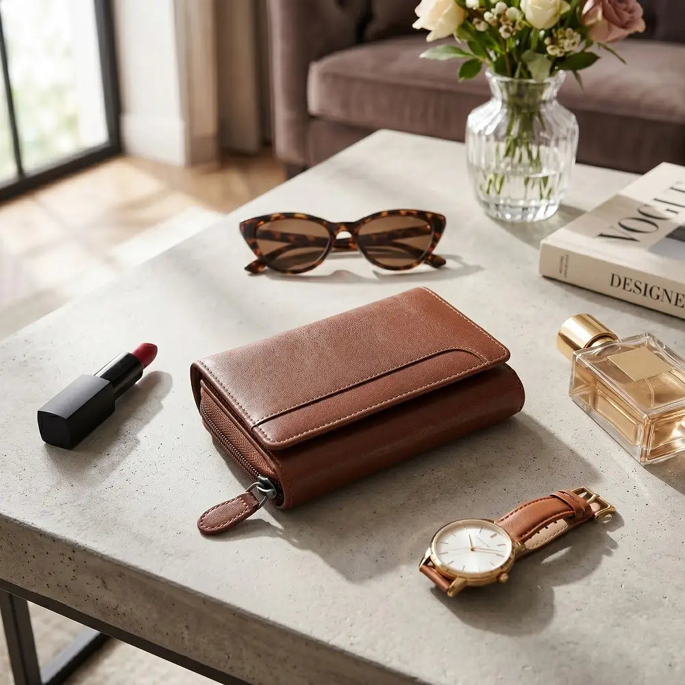 Cognac wallet, sunglasses, lipstick, perfume bottle, and watch on a table with a vase of flowers in the background.